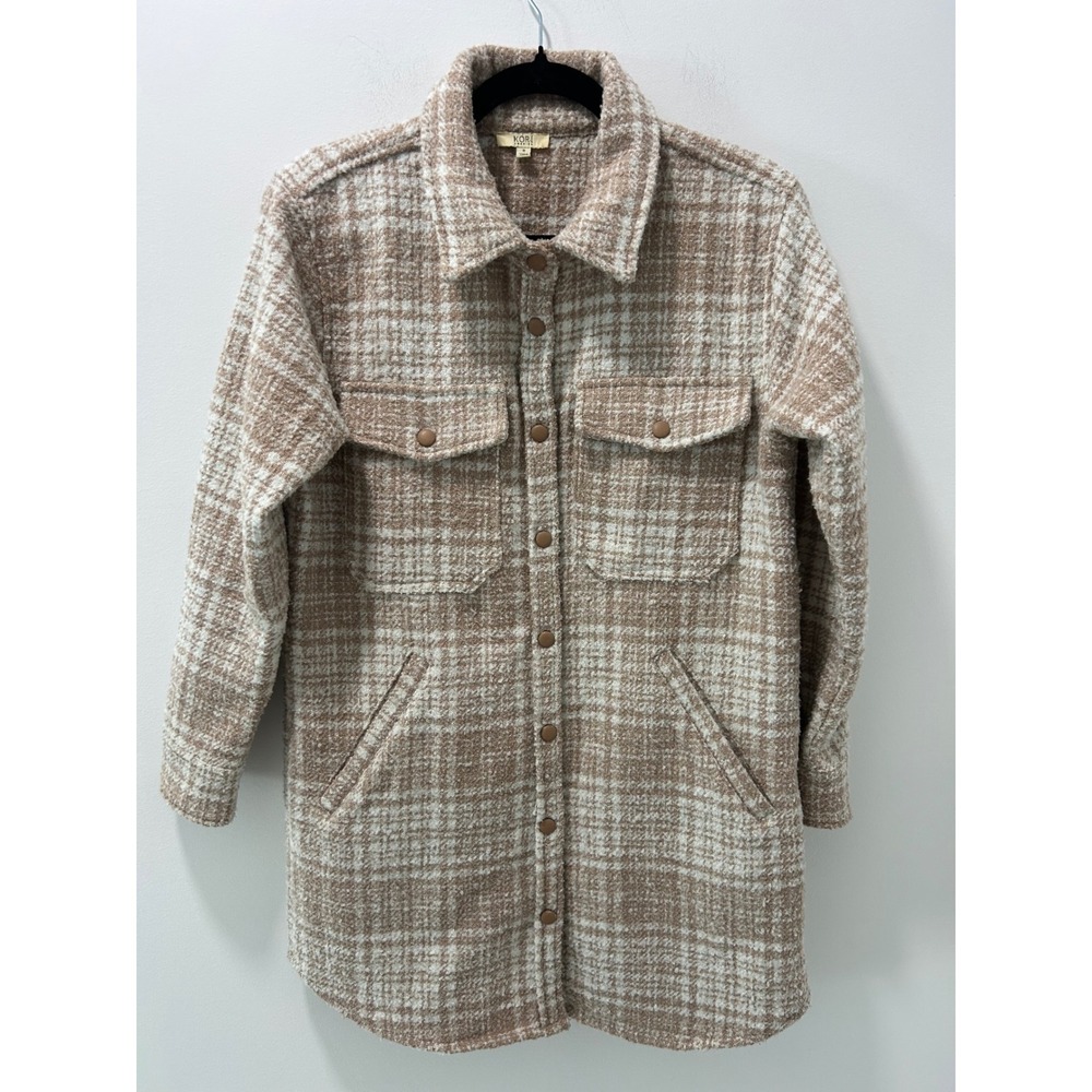 Kori America Tan Plaid Longline Shacket Boucle Button Front Jacket Womens Small